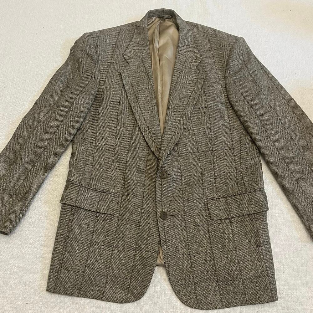 Vtg Christian Dior Monsieur Tweed Blazer Windowpane Brown 40R tan gold herring